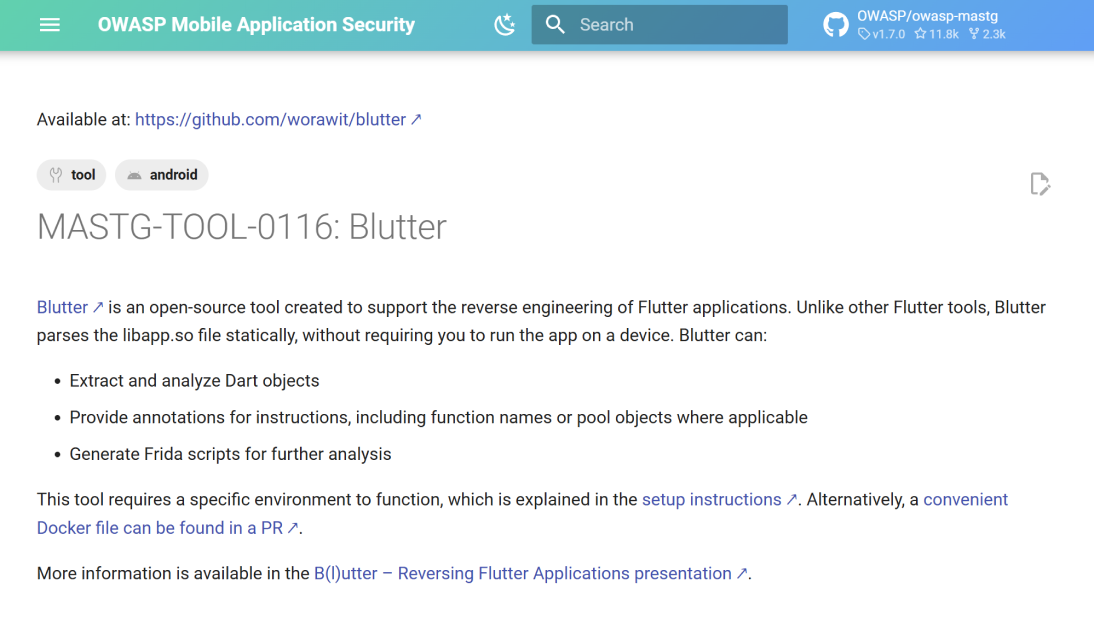Screenshot of OWASP MASTG listing Blutter (MASTG-TOOL-0116), an open-source tool for reverse engineering Flutter Android applications via static analysis of the libapp.so file.